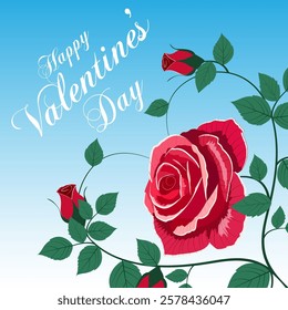 This Valentine's Day card features a beautiful red rose with green leaves and buds on a gradient blue background. The elegant white cursive text says "Happy Valentine's Day," creating a romantic and f