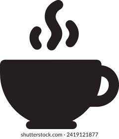 This vecto is a simple yet evocative silhouette of a steaming coffee cup. The icon captures the universal appeal of a freshly brewed cup of coffee with steam rising from the cup, suggesting warmth.