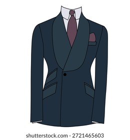 Este Vector se trata de ropa de hombre para ocasiones formales. Un esmoquin azul oscuro y una corbata púrpura oscuro.