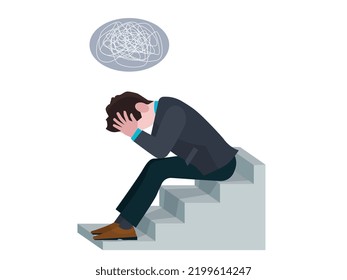 This vector is for an anxious person who is depressed and stressed for his business. He is doing worry as a businessman for his mental illness. He is heartbroken and worried for stressful life.