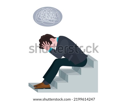 This vector is for an anxious person who is depressed and stressed for his business. He is doing worry as a businessman for his mental illness. He is heartbroken and worried for stressful life.