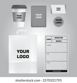 This vector art design features corporate branding elements, including business cards, brochures, and promotional materials, arranged in a professional mockup. Perfect for showcasing company identity.