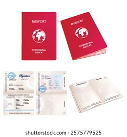 This vector art design features a realistic mockup of a passport, showcasing detailed pages, embossed logos, and vibrant stamps. Ideal for travel-themed projects, branding, or educational materials.