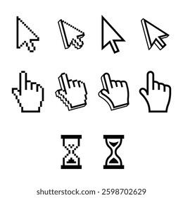 This vector art design features a variety of computer cursor icons, including arrow, hand, text selection styles, each with sleek lines, vibrant colors, ideal for digital interfaces and applications