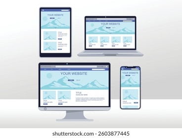 This vector art design features corporate branding elements, including laptop, notebook, pc, mobile phone, pad, a professional mockup. Perfect for showcasing website company identity