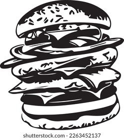 Diese Vektorkunst verfügt über einen köstlichen Fast-Food-Hamburger mit allen Zubehörteilen. Das Design eignet sich perfekt für den Einsatz auf Vinyl-Schneidmaschinen, um hochwertige Aufkleber oder Aufkleber für LKWs zu erstellen