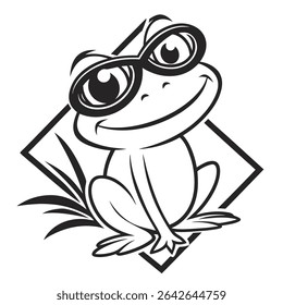 This vector art features a smiling frog wearing round sunglasses, seated confidently in front of a diamond shape with grass accent, all in black and white. The background is transparent.