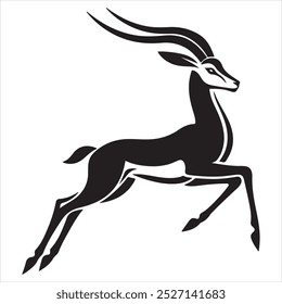 This vector art features a stylized black silhouette of a springbok antelope leaping gracefully. The minimalist design with clean lines captures the elegance and dynamism of the springbok.