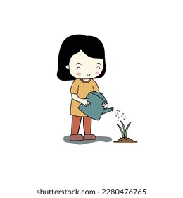 This vector art illustration collection features adorable girls and children caring for the environment by planting trees, watering plants, and nurturing nature.