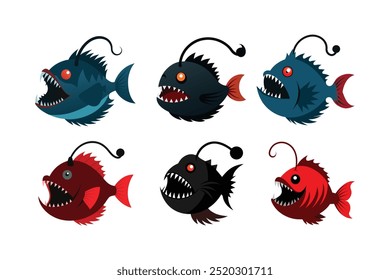 Esta ilustração de arte vetorial apresenta o misterioso Angler Fish com sua isca icônica brilhante e design detalhado, perfeito para o mar profundo, vida marinha e projetos criativos com temática subaquática.