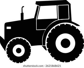 This vector art presents a simplified yet strong black tractor silhouette viewed from the side with bold tires; conveying durability and agricultural readiness on a clean white background.