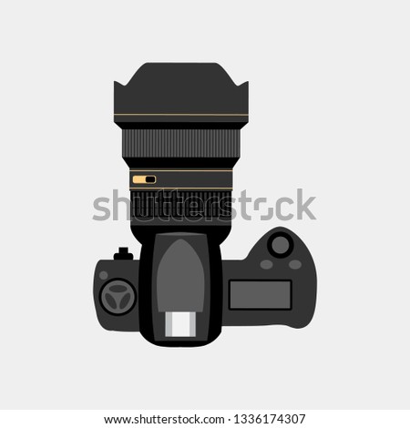 This vector art shows a DSLR camera from a top-down perspective.  The vector is very highly detailed on the lens and camera body.  Buy with confidence!