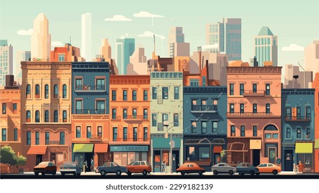 Esta obra de arte vectorial representa un paisaje urbano bullicioso, lleno de vida y actividad. 