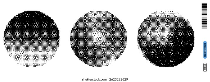 Esta obra de arte de Vector muestra tres diseños circulares llenos de patrones de puntos variables, que ilustran una mezcla de influencias Y2K y Dada ideales para zines y arte moderno.