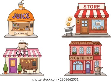 This vector asset bundle features four distinct hand-drawn style commercial building storefronts, including a whimsical round juice bar kiosk, a classic grocery store with a striped awning, a modern cozy coffee shop with patio seating, and a detailed two-story urban European-style cafe. The inviting color palette and charming illustrated design make this collection ideal for mobile game environment maps, local business delivery app interfaces, casual web design layouts, and city lifestyle infographics.