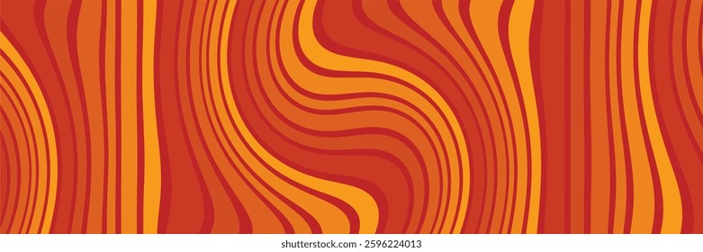 This vector background features abstract, wavy lines in warm hues of orange, yellow, and red, resembling a retro, psychedelic style. 