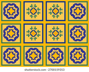 This vector background features abstract floral motifs resembling a kaleidoscope in a vibrant color palette of yellow, blue, and green. 