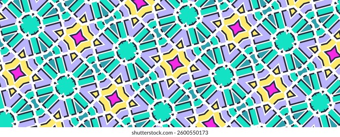 This vector background features a repeating geometric pattern with a kaleidoscopic feel. It utilizes a vibrant color palette, including teal, lavender, yellow, pink, and white.