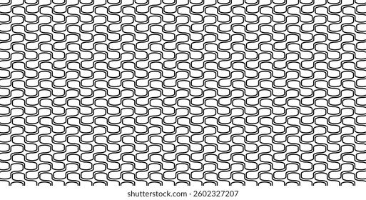This vector background features a seamless, interlocking geometric pattern of curved lines in black and white.