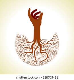 This vector background has a hand with tree roots