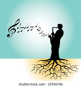 This vector background has a sax player with tree roots
