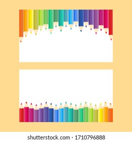 This is vector banners with colored pencils, colorful crayons isolated on light background.