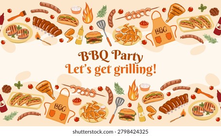 This vector BBQ party invitation banner with text and grilling food elements is designed for summer cookout announcements, menus, and festive culinary advertisements. Barbecue infinity frame, poster.