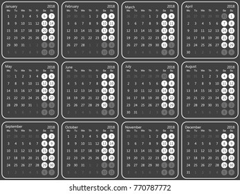 This is vector black and white calendar for 2018 in EPS 10 format. Week start with Monday.