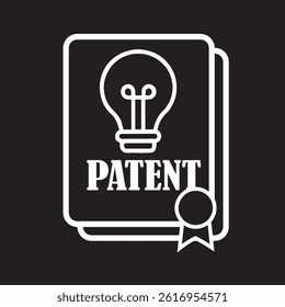 This vector is a black and white line illustration of a patent certificate featuring a light bulb icon, the word "PATENT," and a ribbon seal