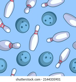 This is a vector of bowling balls and pins flying around in a seamless pattern