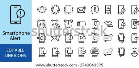 This vector bundle features a set of editable line art icons representing various smartphone alerts and notifications, including messages, emails, alarms, and more, all in a clean and modern design style.