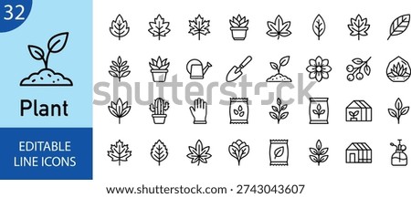 This vector bundle features a set of 40 editable line art icons related to plants and gardening, including leaves, flowers, trees, gardening tools, and more. The simple and minimalist design makes them perfect for use in various digital and print applications.