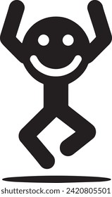 This vector captures a simplistic stick figure emoji with a cheerful expression, arms raised in excitement, and one leg kicked out in a dynamic pose. 