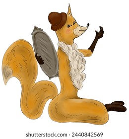 This is a vector character image. A fox in the image of a woman who admires herself in the mirror. A color image without a background.