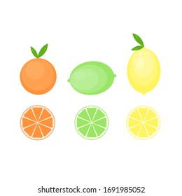 This is a vector of citrus fruits. Lemon, lime, orange, mandarin isolated on white background.