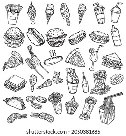 This is vector collection fast food object icons  These are hand drawn   easy to edit  you can give any color you want  vector illustration