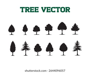 This vector collection features a diverse set of black silhouette trees, perfect for enhancing your design projects.