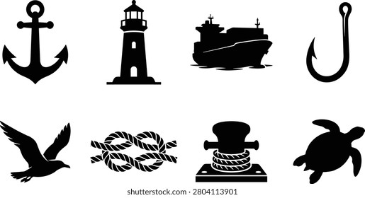 This vector collection features eight clean black silhouettes of essential maritime symbols including a lighthouse, anchor, and seagull. These versatile graphics are ideal for seafood restaurant branding, yacht club logos, beach apparel design, and ocean-themed infographics.
