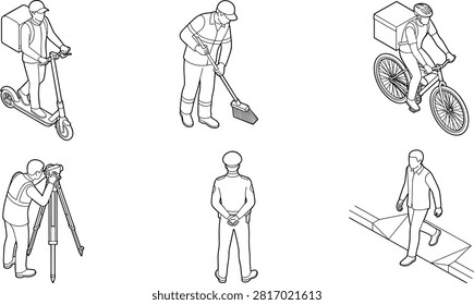 This vector collection features isometric line art illustrations of various city occupations and activities, including a scooter delivery person, street sweeper, bicycle courier, land surveyor, police officer, and pedestrian crossing the street. Ideal for urban planning diagrams, architectural scale figures, infographics, and municipal service visuals.