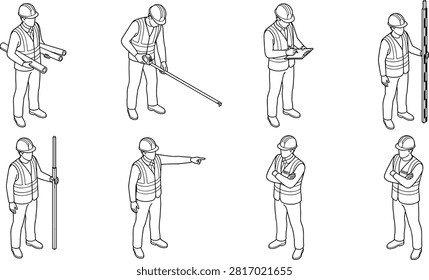 This vector collection features isometric line art illustrations of construction workers, civil engineers, and land surveyors wearing hard hats and safety vests. Figures are shown holding blueprints, measuring tape, surveying rods, taking notes, and directing tasks, ideal for architectural scale figures, site planning diagrams, safety manuals, and industrial infographics.