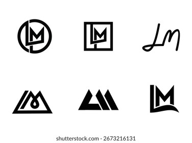 This vector collection features six distinct black and white LM letter logo designs, each crafted with a modern, abstract, or geometric aesthetic. 