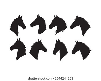 This vector collection presents a series of striking black horse head silhouettes showcasing diverse angles and artistic styles.