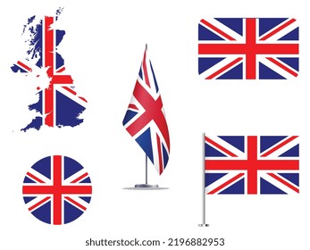 This vector consist the national flag of United Kingdom (UK) in different shape. Flat, rounded, rectangle and flying flag and UK map are in a group. Here UK flag in UK map. Here a masking flag in map.