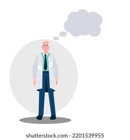 This vector consist a scientist a scientist standing and a thought bubble over his head. Here he is standing wearing an apron and he is balled headed person with a cloud bubble. He is a suited man.