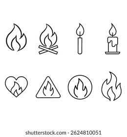 Este vetor contém 8 ícones com tema de fogo em estilo de contorno preto. Os ícones mostram uma chama, fogueira, fósforo, vela, coração com fogo, sinal de aviso, fogo em círculo e uma chama estilizada.
