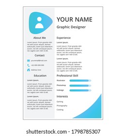 Este vector es un diseño CV que contiene experiencias, educación, etc., con un diseño sencillo y moderno que utiliza ornamentos en forma de formas y líneas con un gradiente azul. La tipografía utiliza el tipo de letra Khula.