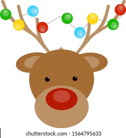 This is vector deer head. Deer antlers is decorated with Christmas garlands.