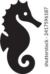 This vector depicts a black silhouette of a seahorse, characterized by its unique curled tail and horse-like head. The silhouette captures the distinctive profile of the seahorse.
