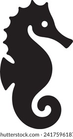 This vector depicts a black silhouette of a seahorse, characterized by its unique curled tail and horse-like head. The silhouette captures the distinctive profile of the seahorse.