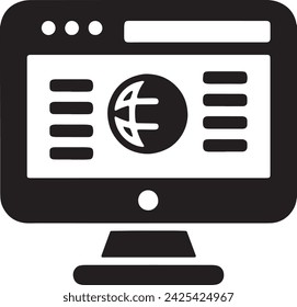 This vector depicts a black silhouette of a computer monitor displaying a system diagnostics or configuration screen, symbolizing computer maintenance, system checks, and software diagnostics.